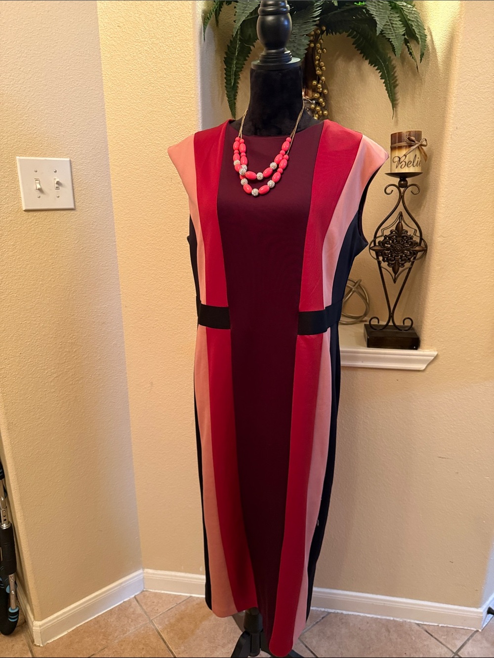 New York & Company Burgundy, Raspberry & Blush Pink Colorblock Midi Dress